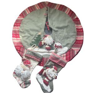 Rustic Christmas Tree Skirt & Stockings Set Felt Applique Santa Winter FairIsle